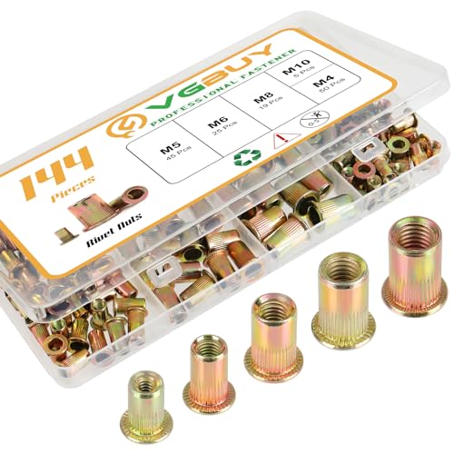 144Pcs Metric Rivet Nut Kit, Rivet Nuts Assortment M4 M5 M6 M8 M10, Carbon Steel Zinc Plated Rivnut, Flat Head Threaded Insert Nut, Knurled Body (VG30527)