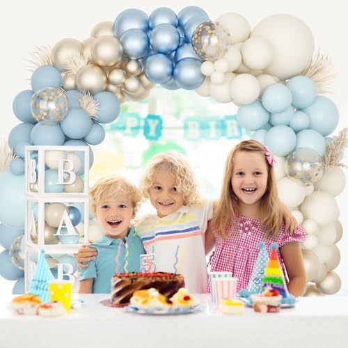 153pcs Dusty Blue Balloon Baby Shower Decorations for Boy with Baby Boxes, Blue Balloon Arch Kit Baby Boxes with Letter (A-Z+Baby) for Boho Baby Shower Boy Birthday Gender Reveal Party Supplies