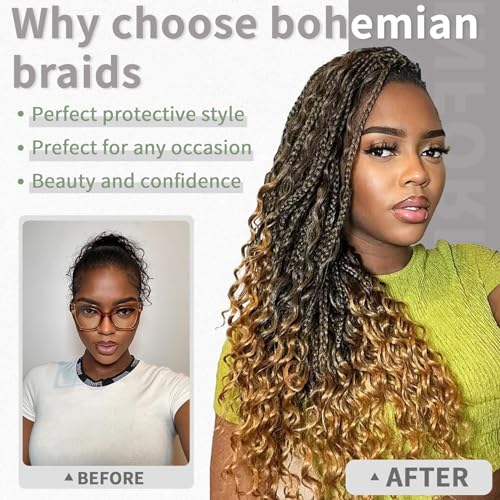 14 Inch Boho Crochet Braids 7Packs Goddess Box Braids Crochet Hair for Women Pre Looped Bohemian Hippie Braiding Hair Extensions, 1B/27