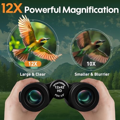 12x42 UHD Waterproof Binoculars for Adults: Aurosports High Powered Binoculars Easy Focus - Large View Lightweight Binoculars with Clear Low Light Vision for Bird Watching Hunting Trip Hiking Black