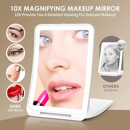 10X Magnification Rechargeable Makeup Mirror for Travel, Makeup Mirror with 80 LED Lights, 3 Color Lighting, Dimmable Touch Screen,Portable Vanity Mirror, Travel Essentials