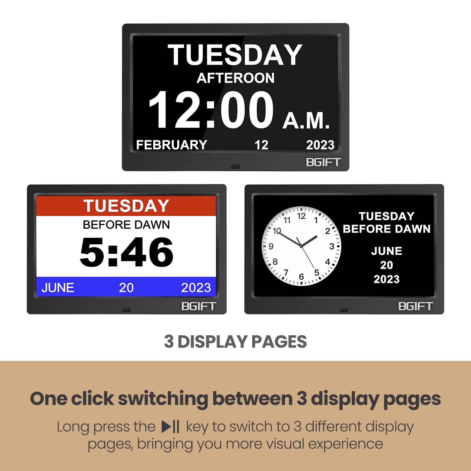 10.1" Digtal Clock with Day and Date for Seniors, Large LCD Display, Auto Dimmable, 12 Alarm Settings - Best Gift for Elderly