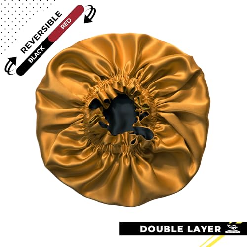 100% Pure Silk Bonnet for Sleeping Women - Reversible Mulberry Silk Hair Wrap - Satin Sleep Bonnet for Black Women - Silk Bonnet Satin Head Wrap for Sleeping - Made in USA (Amber Yellow and Black)