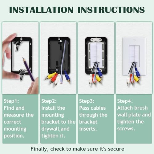 10 Pack Brush Wall Plates with Low Voltage Mounting Bracket, Cable Pass Through Insert for Wires, In-Wall Cable Management for HDTV, HDMI, Network, Ethernet, Home Theater Speaker Systems