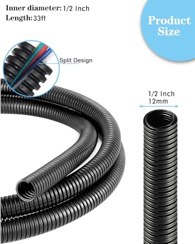 1/2 Inch Wire Loom Split Tubing - 33 ft Cord Protector Electric Wires Covers, Automotive Wire Flexible Conduit, Plastic Wire Cover (1/2"- 33ft, Black)