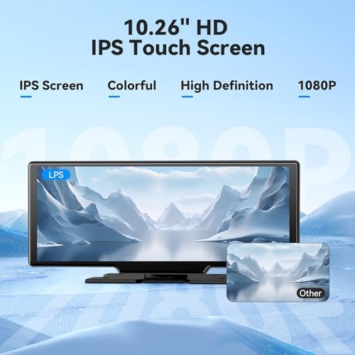 10.26" Portable Wireless Carplay Screen, 4K Mirror Dash Cam Carplay & Android Auto Screen, 1080P Backup Camera, HD IPS Screen, Loop Recording, Bluetooth, GPS Navigation, AUX/FM, Siri