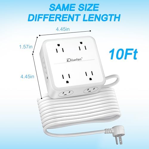 10Ft Power Strip with 1 USB-C,3 USB-A Ports,8 AC Outlets,Multi Plug Outlet Extender,10Ft Extension Cord,Flat Plug Wall Mount Desk USB Charging Station for Home Office College Dorm Room Essentials,UL