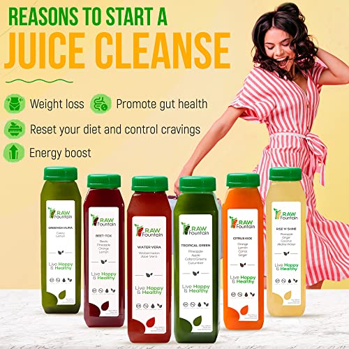 1 Day Juice Cleanse by Raw Fountain, Tropical Flavors, All Natural Raw, Cold Pressed Fruit and Vegetable Juices, Detox Cleanse, 6 Bottles 12oz, 3 Bonus Ginger Shots