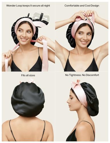 100% Mulberry Silk Bonnet for Sleeping Women with Curly Hair - Valentines Day Gift Silk Sleep Bonnet - Alternative to Double Layer Satin Bonnet with Tie Band - Premium Hair Wrap for Sleep Black