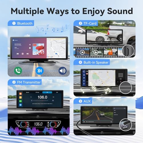 10.26" Portable Wireless Carplay Screen, 4K Mirror Dash Cam Carplay & Android Auto Screen, 1080P Backup Camera, HD IPS Screen, Loop Recording, Bluetooth, GPS Navigation, AUX/FM, Siri