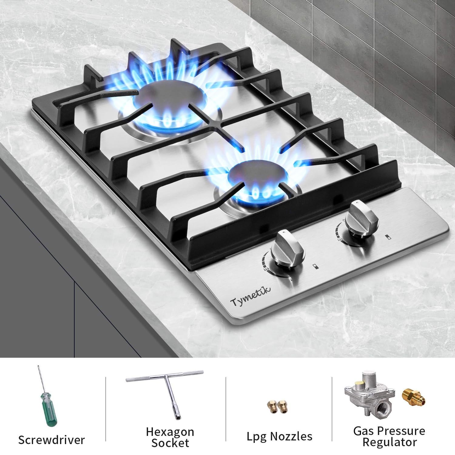 12 Inch Gas Cooktop, 2 Burners Stovetop Built-in Stainless Steel Stove Top Natural Gas/Propane Convertible Cooker for Outdoor, Apartments, RVs