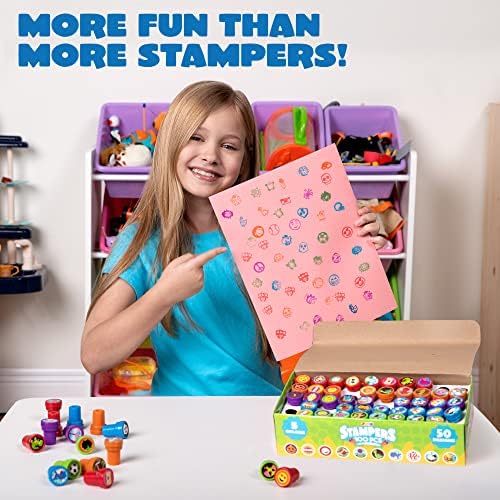 100 Pcs Assorted Stamps for Kids Self-Ink Stamps (50 Different Designs, Dinosaur, Zoo Safari Stampers) for Party Favor, Carnival Prizes, School, Easter Egg Stuffers, Halloween, Christmas