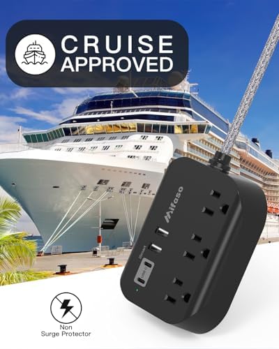 10FT Power Strip with USB Ports - Extension Cord with 3 Outlets and 3 USB Charging Ports, Flat Plug, Wall Mount, No Surge Protection for Cruise Ship Travel, Desk Accessories for Dorm Room Essentials