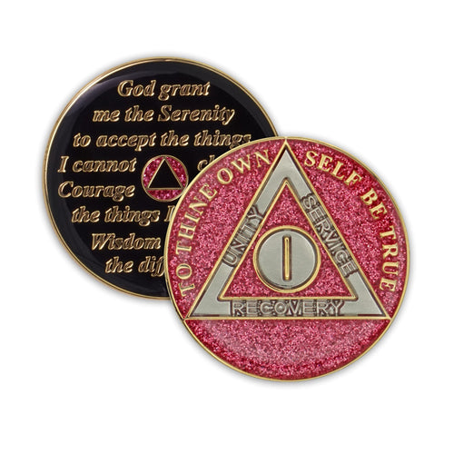 1 Year Sobriety Coin | Glitter Triplate AA Chip Recovery Anniversary Token (Pink)