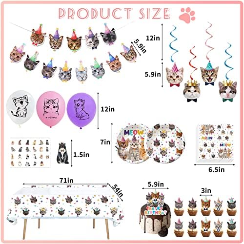137PCS Kitten Birthday Party Supplies - Serves 20 Guests - Decorations, Plates, Banner, Napkins, Balloons, Tablecloth, Cake Toppers for Cat Themed Party