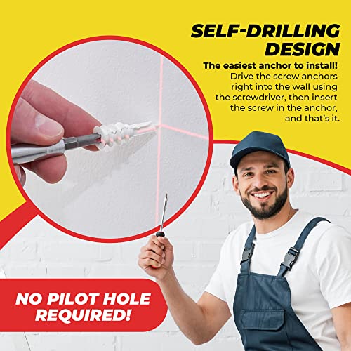 #8 Self Drilling Drywall Plastic Anchors with Screws - No Pre Drill Hole Preparation Required - 75 Lbs (100 Pack)