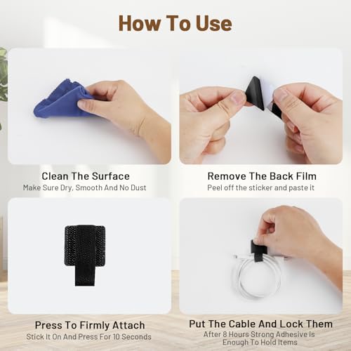 100pcs Hook and Loop Cable Ties, gliship Adhesive Wire Management, Adjustable Cable Straps Cord Wrappers Keeper Cord Holder, Sticky-Back Cord Organizer for Kitchen Appliances at Office, Home - Black