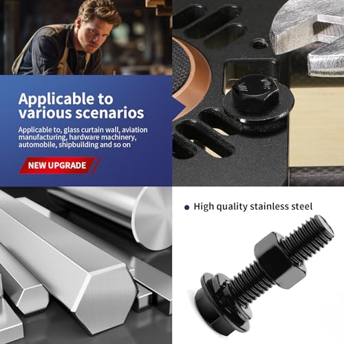 1/4-20 x 1/2" Hex Head Screw Bolt, Nuts, Flat & Lock Washers, 20Pcs 18-8 (304) Stainless Steel, Fully Threaded, Black Oxide by SG TZH