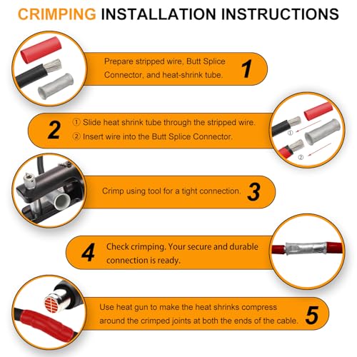12-10 Gauge Butt Splice Connector 36 PCS 12-10 AWG Non-Insulated Butt Connectors Uninsulated Crimp Wire Butt Connectors Tinned Copper Marine Grade Crimp Butt Terminals + 36 PCS 3:1 Heat Shrink Tube