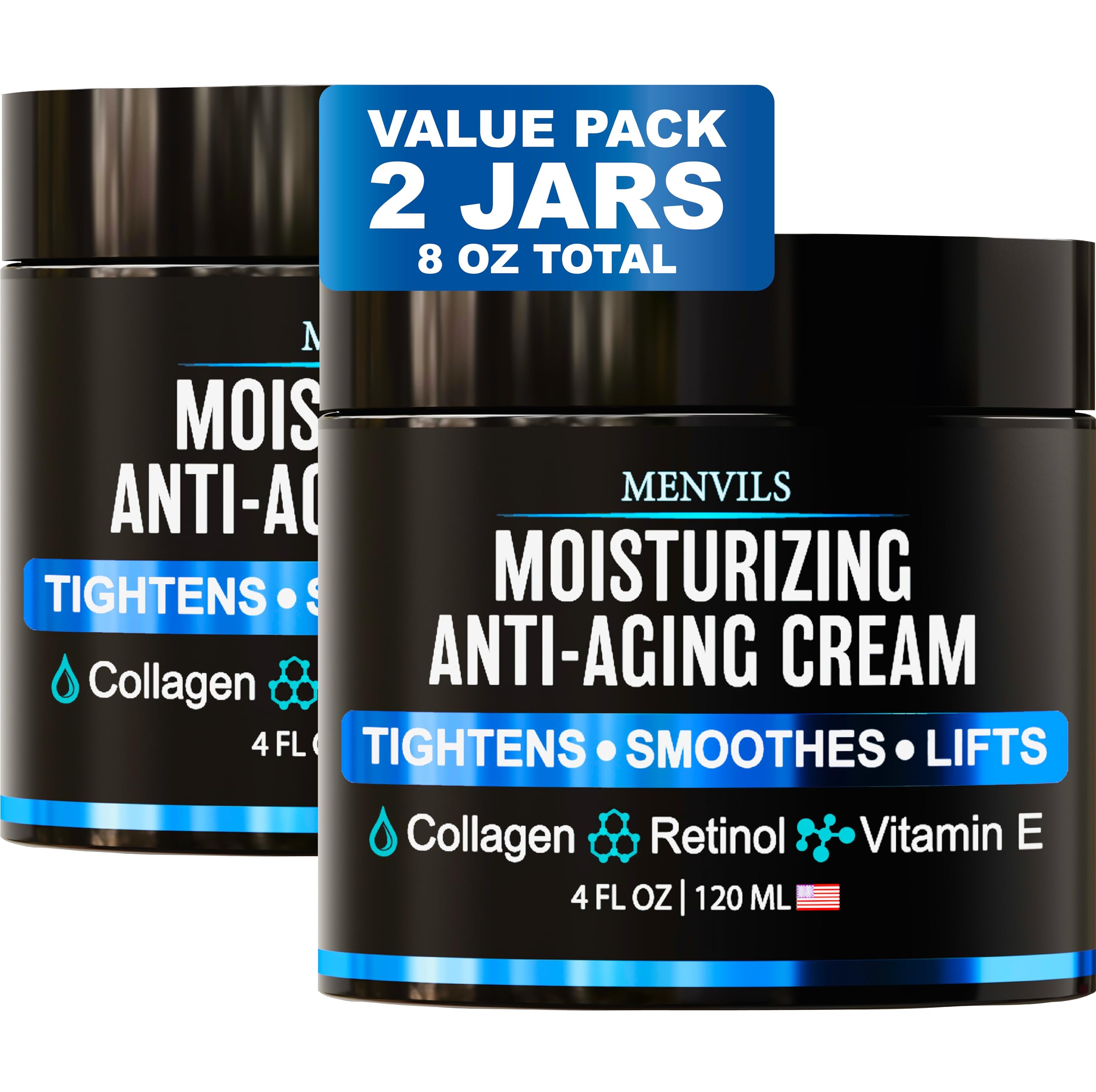 (2 Pack) Mens Face Moisturizer Cream - Anti Aging & Wrinkle for Men with Collagen, Retinol, Vitamins E, Jojoba Oil - Face Lotion - Age Facial Skin Care - Eye Wrinkle - Made in USA - 8 oz Total