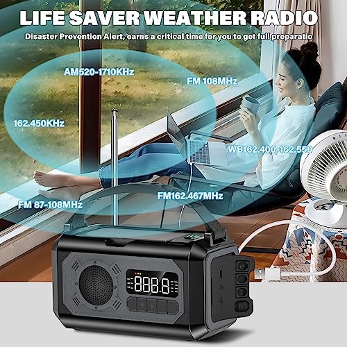 12000mAh Emergency Weather Radio, Hand Crank Radio Solar Radio Portable AM/FM/NOAA Radio with 2 Solar Panels 3 Charging Methods SOS Alarm 3 Mode Flashlight Phone Charger Compass Reading Lamp