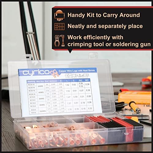 150pcs Battery Cable Ends, Copper Wire Lugs Assortment Kit AWG 2 4 6 8 10 Gauge - 70Pcs Battery Cable Lugs Ring Wire Terminal Connectors and 80Pcs Heat Shrink Tubing Kit for Marine Electrical Supplies
