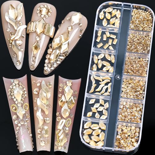 1070 Pieces Champagne Gold Nail Rhinestones for Nails Gold Stones for Nails Crystals 3D Nail Diamonds Art Decoration Crafts DIY (Champagne Gold)