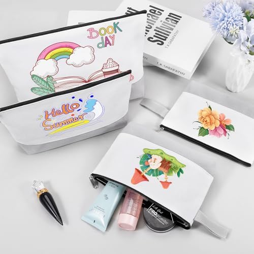 10 Pieces Cotton Canvas Makeup Bag with Bottom and Strap, Multi-Purpose Cosmetic Bag with Zipper Travel Toiletry Pouch, Blank DIY Craft Bag (White&Grey, L)