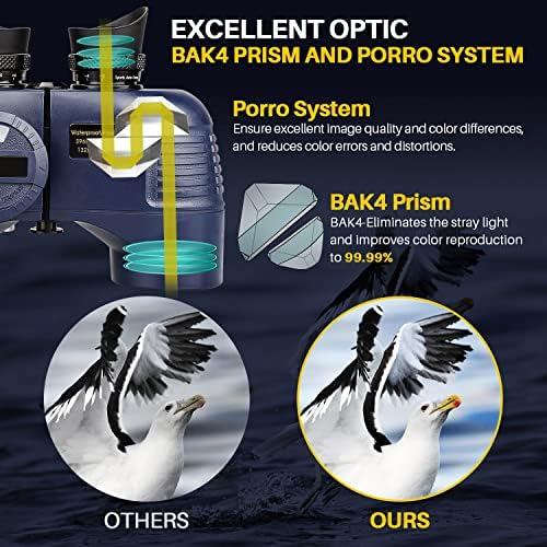 10x50 Marine Binoculars with Compass for Adults - Waterproof BAK4 Prism FMC Lens Binoculars with Rangefinder Compass and Shoulder Harness Strap for Navigation Hunting Bird Watching