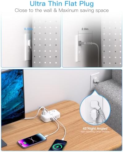1 Pack Cruise Essentials, 5 Ft Flat Extension Cord, 3 Outlets 4 USB Ports(2 USB C) Flat Plug Power Strip, USB Charging Station with Non Surge Protector for Cruise Ship, Travel, Dorm Room Essentials