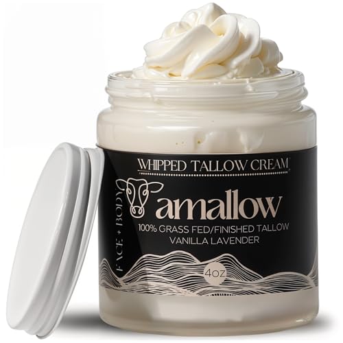 100% Grass Fed Beef Tallow for Skin Care - Face + Body - Whipped Moisturizer - Natural Lotion, 4 FL. oz. (Vanilla Lavender)