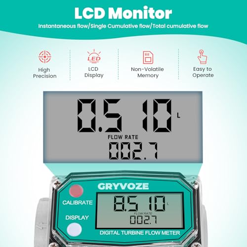 1 Inch Digital Turbine Fuel Flow Meter, 2.6-26 GPM Inline NPT Thread Flowmeter with 3/4 in Adapters for Water, Diesel, Gas Oil, Gasoline, and Other Liquids - Supports Gallon, QTS, PTS, L, m³