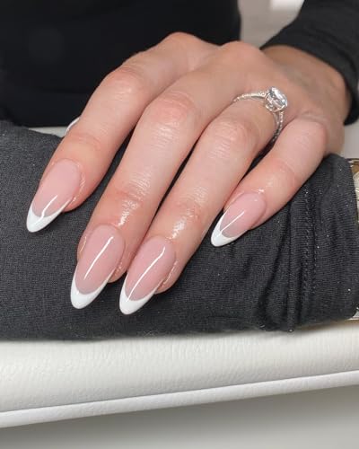 120Pcs White French Tip Press on Nails Almond Shape Fake Nails, Full Cover Glossy Nude False Nails Acrylic Glue on Nails with 5 Sheets Adhesive Tabs for Women Girls Finger Nails Design