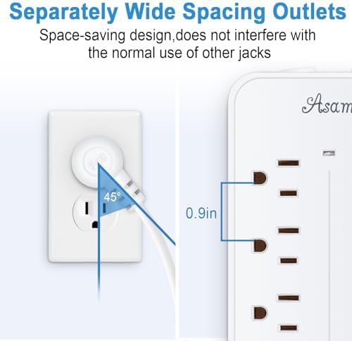 15FT Surge Protector Power Strip Extension Cord with Usb C, Asamoom Flat Plug Power Strip With Long Cord,8 Outlets and 3 USB & 1 USB-C Port,1700J Wall Mount Desk Multiple Outlets for Home Office White