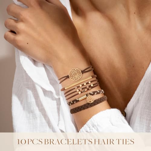 10 PCS Hair Ties Bracelets, Boho Hair Ties for Thick & Thin Hair, Cute Stretch Bracelets, Braided Hair Ties for Ponytail Holders, 5 Styles Hair Ties No-Damage, Dark Coffee