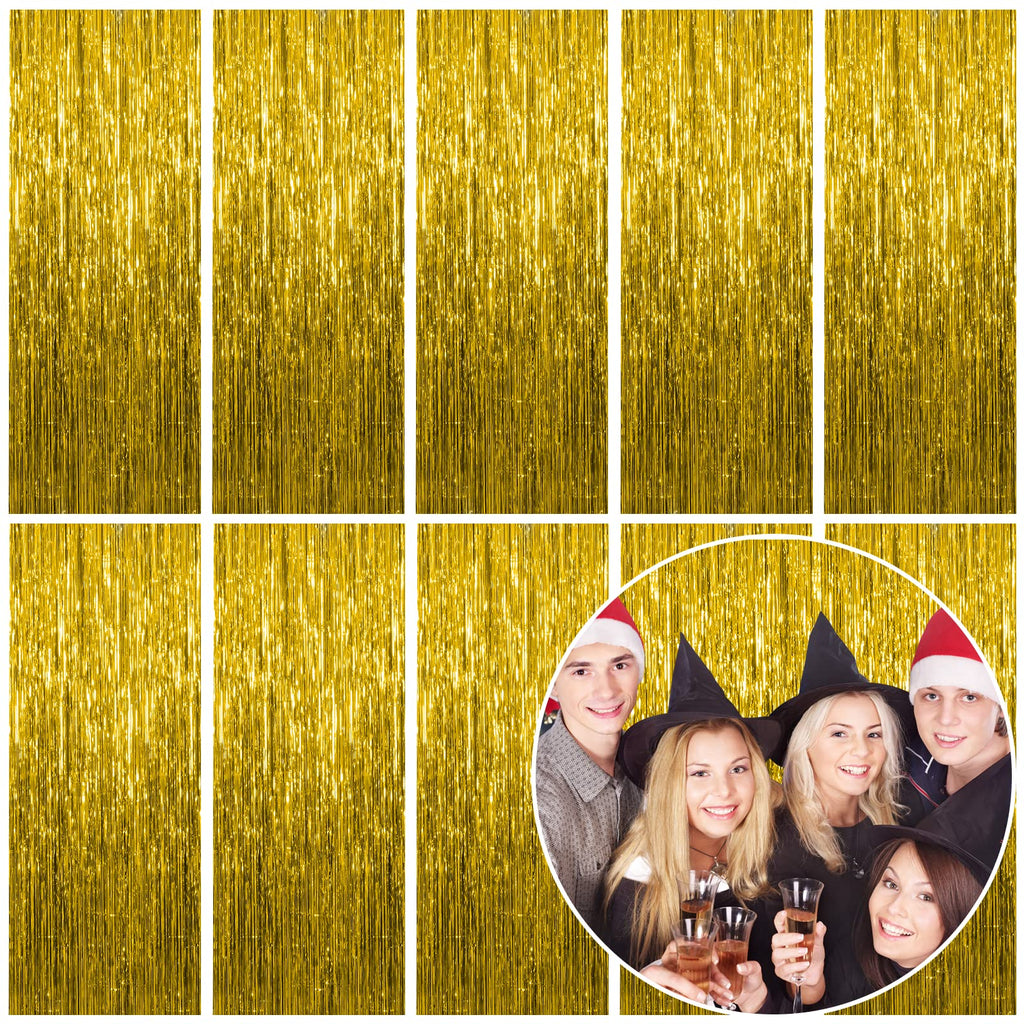 10 Pack Foil Curtain Backdrop Gold Metallic Tinsel Foil Fringe Curtains Photo Booth Props for Birthday Wedding Engagement Baby Shower Bachelorette Christmas Holiday Celebration Party Decorations