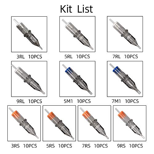 100pcs Mixed Tattoo Cartridge Needles, ATOMUS Assorted Disposable Tattoo Needle 3RL 5RL 7RL 9RL 3RS 5RS 7RS 9RS 5M1 7M1 for Tattoo Machine