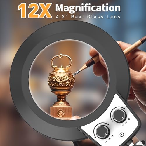 12X Magnifying Glass with Light and Stand, Infinite Color Modes & Stepless Brightness LED Magnifying Lamp with Clamp, 2-in-1 Hands Free Lighted Magnifier for Craft Reading Painting Hobby Close Work