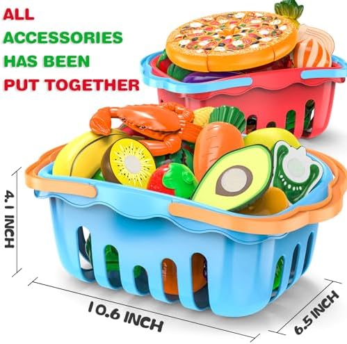 120 Pcs Cutting Play Food Toy for Multiple Kids with 2 Colors Storage Baskets, Kitchen Pretend Food Set for Toddler, Kitchen Toys Accessories, Fake Food/Fruit/Vegetable, Birthday Gifts for Boy Girl