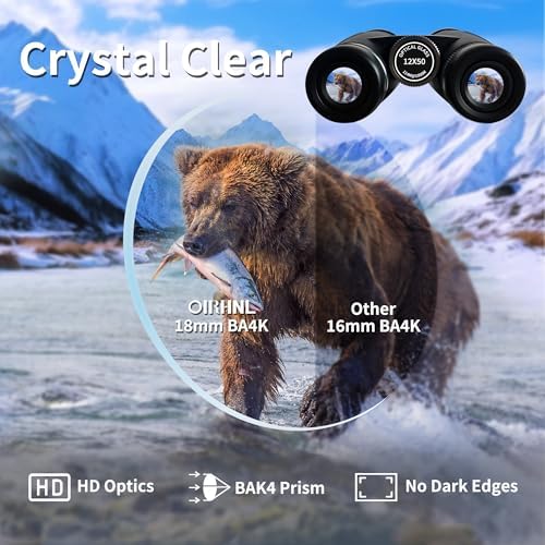 12x50 HD Binoculars for Adults High Powered with Upgraded Phone Adapter, Large View Binoculars with Clear Low Light Vision, Lightweight IPX7 Waterproof Binoculars for Bird Watching,Hunting,Travel