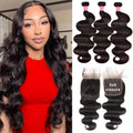 12A Human Hair Bundles 3 Bundles With Closure Body Wave Bundles Human Hair 100% Unprocessed Brazilian Virgin Hair Bundles Human Hair Extensions Quick Weave Bundles Human Hair Natural Black 24 26 28+22