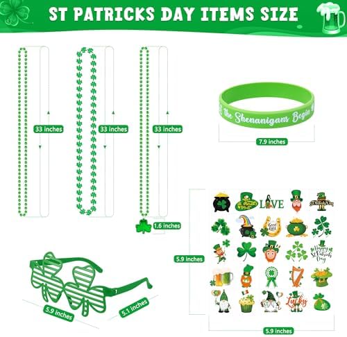 140PCS St Patricks Day Accessories, St. Patrick's Day Glasses Bracelets Tattoos Beads, Irish Glasses Bracelets Tattoos Beads Stuff Bulk, Shamrock Saint Patricks Parade Throw Party Favor Decorations