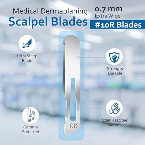 100 pcs #10R Dermaplaning Surgical Scalpel Blades 0.7 mm Extra Wide Sterile Blades Carbon Steel - Individually Wrapped Pack of 100 Blades (#10R Blades (100 Qty))