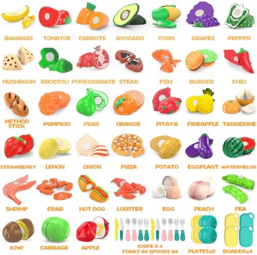120 Pcs Cutting Play Food Toy for Multiple Kids with 2 Colors Storage Baskets, Kitchen Pretend Food Set for Toddler, Kitchen Toys Accessories, Fake Food/Fruit/Vegetable, Birthday Gifts for Boy Girl