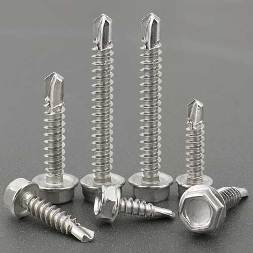 150Pcs Self Drilling Screws Assortment Kit, 410 Stainless Steel Self Tapping Sheet Metal TEK Screws, #8 1/2" 3/4" #10 1" 1-1/2", Hex Washer Head