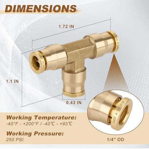 1/4" Quick Push to Connect Fittings Brass Union Tee Shaped Joint DOT Approved 1/4 Inch OD 3 Way Tube Air Line Adapter Air Spring Suspension Kit for Car Truck Trailers and Air Brake System 5pcs