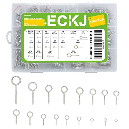 1000Pcs Screw Eyes Assortment Kit Silver Nickel Plated Eye Hooks Eye Bolts Metal Eye Pins Eyelet Screw Loops for Hanging Sign, Wind Chime, Jewelry Making 17 Sizes Mini to Large