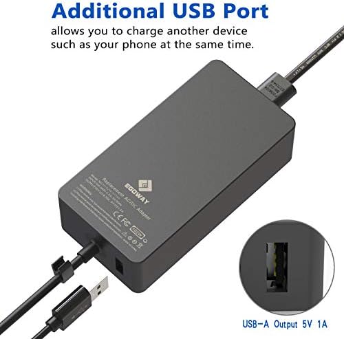 102W 15V 6.33A Power Adapter Charger Compatible with Surface Book 2 1, Surface Laptop 3 2 1, Surface Pro X Pro 7 Pro 6 Pro 5 Pro 4 Pro 3 and Surface Go with Additional USB Port and 6ft Power Cord