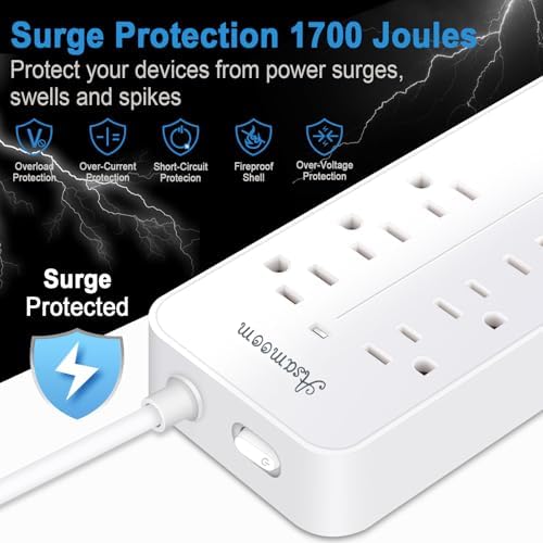 15FT Surge Protector Power Strip Extension Cord with Usb C, Asamoom Flat Plug Power Strip With Long Cord,8 Outlets and 3 USB & 1 USB-C Port,1700J Wall Mount Desk Multiple Outlets for Home Office White