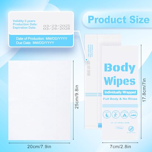 100Pcs Disposable Body Wipes, 7.8 x 9.8 inch Individually Wrapped Bath Wipes for Women Men in Bulk, No Rinse-Free Large Body Bath Shower Wipes for Home Travel Hotel Outdoors Camping After Gym (White)